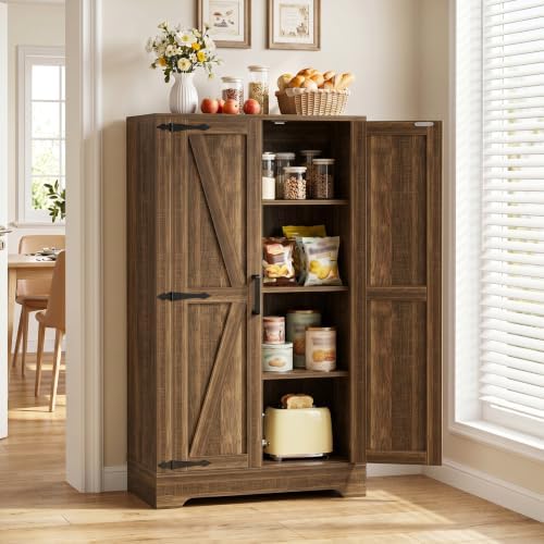 Unikito Kitchen Pantry Cabinet with Adjustable Shelves, Weathered Brown