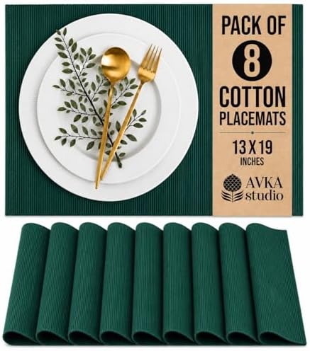 100% Cotton Ribbed Placemats - Set of 8-13 x 19 Inches - Peacock Green - Everyday Cloth Table Mats - Thick Construction, Washable & Reusable Cloth Place Mats - by AVKA Studio