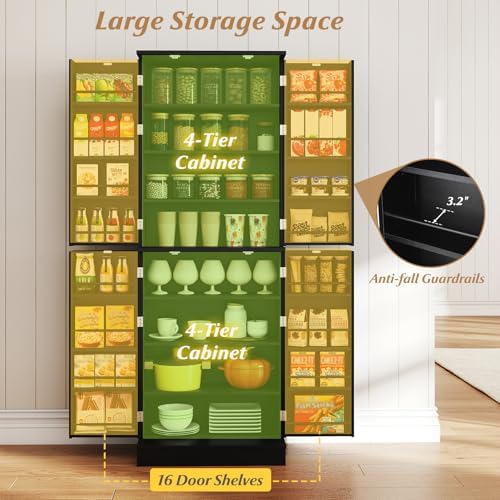 GIANTEX Kitchen Pantry Cabinet, 65.5" Tall Kitchen Hutch w/8-Tier Storage Cabinet, 16-Tier Door Shelves & Adjustable Shelves, 4-Door Freestanding Buffet Sideboard for Dining Room, Living Room (Black)