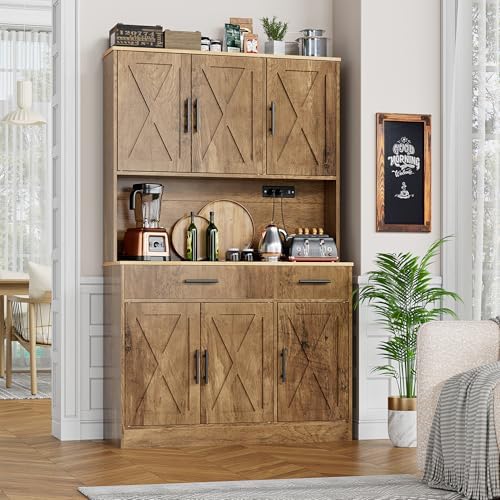Shintenchi Pantry Cabinet with Charging Station, 70” Tall Kitchen Storage Cabinet with Microwave Stand, Storage Drawers & Adjustable Shelves, Large Capacity Kitchen Hutch for Dining Room, Brown