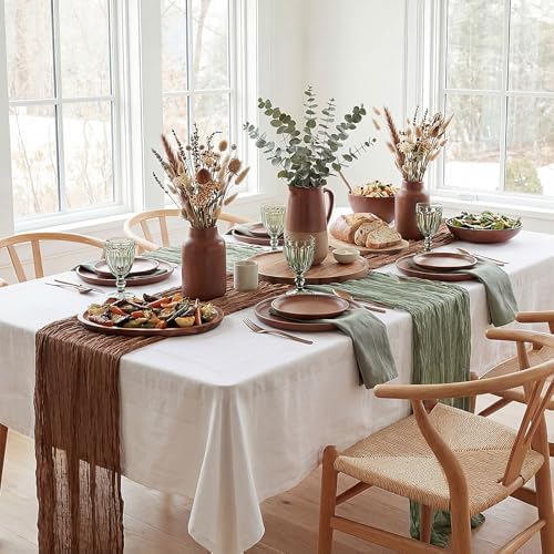 8 Pcs Sage Green and Brown Cheesecloth Table Runner 118"