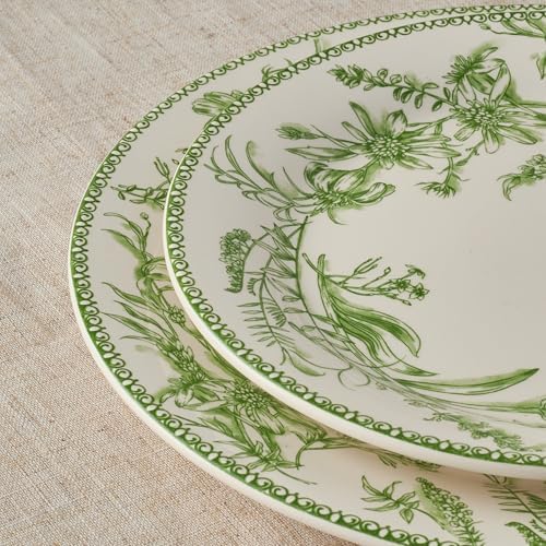 Bico Green Garden Toile De Jouy Dinner Plates Set of 4, 11 Inch Large Ceramic Plates for Pasta, Steak, Stylish Serving Dishes, Microwave and Dishwasher Safe, Gift for Housewarming and Thanksgiving