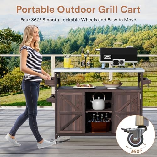 Zevemomo Outdoor Grill Cart with Storage, Lockable Casters, Brown
