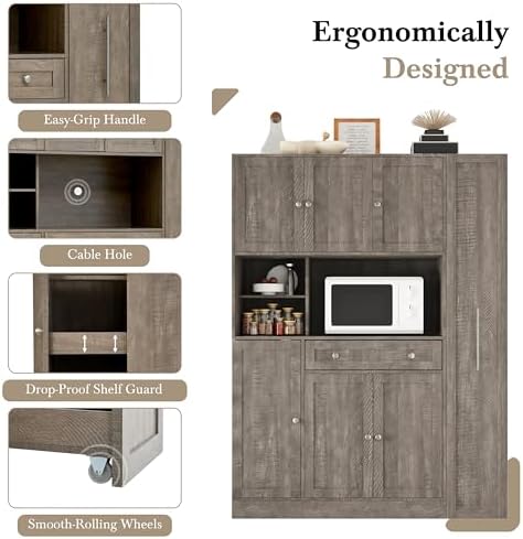 Ball & Cast 70" Farmhouse Kitchen Pantry Cabinet with Hutch, Large Buffet Cabinet with 7-Tier Pull-Out Side Storage, 6 Doors, Drawer, Adjustable Shelves, Freestanding Coffee Bar & Cupboard, Brown