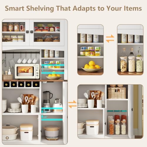 Einhomn 71" Tall Kitchen Pantry Cabinet with Charge Station, 3 Adjustable Shelves, Wine Rack and Glass Door, Kitchen Hutch for Dining Room, Kitchen and Living Room, White