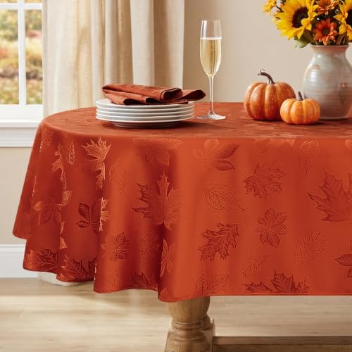 Softalker Fall Jacquard Oval Tablecloth, 60 x 84 Inch Burnt Orange
