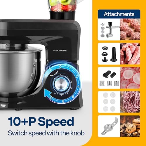 VIVOHOME 6-in-1 Stand Mixer, 8.5-Quart Tilt-Head Mixer, 10 Speeds, Black