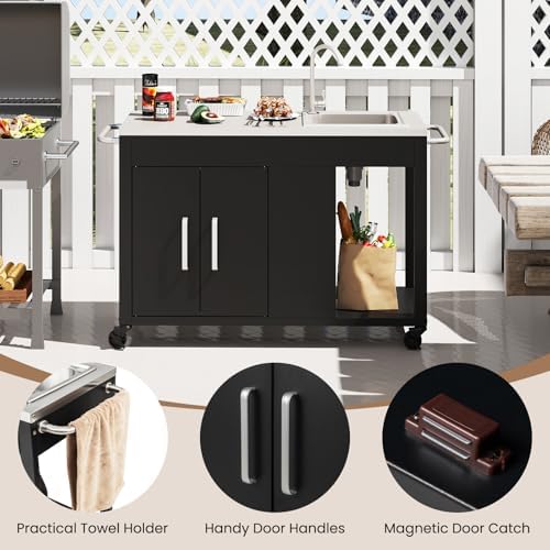 Happygrill 56" Outdoor Grill Table with Sink, Drainage & Storage Cabinet