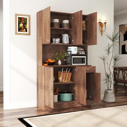 Ball & Cast 71" Pantry Cabinet,Tall Kitchen Pantry Storage Cabinet with Microwave Stand, Modern Kitchen Hutch Cabinet with 6 Doors,1 Drawer & Open Shelves for Living Room,Dining Room,Walnut