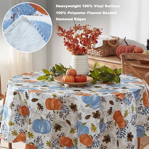 Newbridge Thanksgiving Blue Pumpkin 70 Inch Round Vinyl Tablecloth