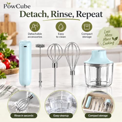Cordless Hand Mixer, 4-in-1 Handheld Electric Mixer with Electric Whisk Frother & 10 oz Mini Food Chopper, USB-C Rechargeable 4-Speed Hand Mixer for Eggs, Cream, Coffee & Small-Batch Prep