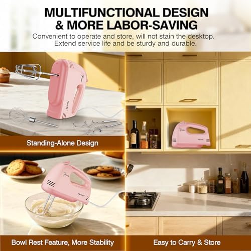 Electric Kitchen Mixer, Small 7-Speed Mixer, Dishwasher-Safe 304 Accessories (1 Whisk, 2 Dough Hooks, 2 Beaters), Mixes Various Ingredients, for Both Beginners and Bakers, Pink