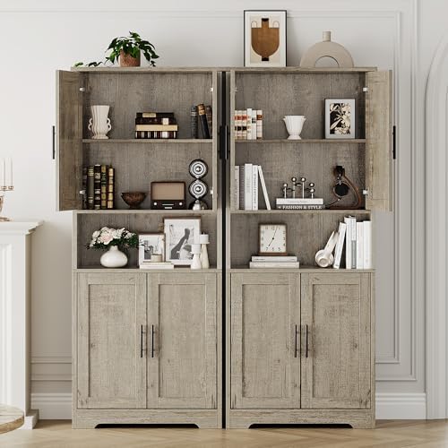 70" Kitchen Pantry Storage Cabinet, Freestanding Buffet Cabinet with Microwave Stand & 4 Door Shelves, Kitchen Hutch with Doors, Adjustable Shelves and Wine Rack,Grey.
