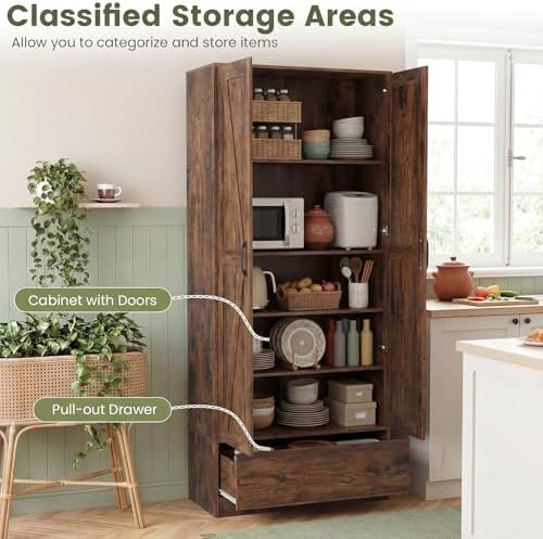 GIANTEX 72" Tall Kitchen Pantry Cabinet, Farmhouse Cupboard, Rustic Brown