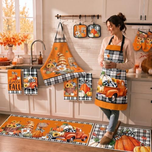 12 Pcs Fall Kitchen Decor Set, Plaid Orange Thanksgiving Kitchen Set