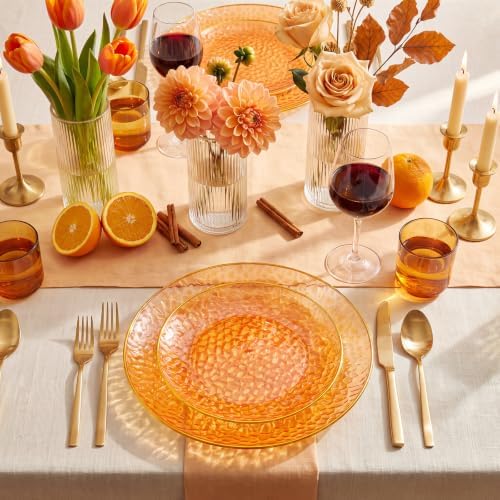 Rubtlamp 100Pcs Orange Plastic Plates, Orange Disposable Plates With Gold Rim, Hammered Plastic Plates Include 50 Dessert Platos, 50 Dinner Platos for Thanksgiving Party
