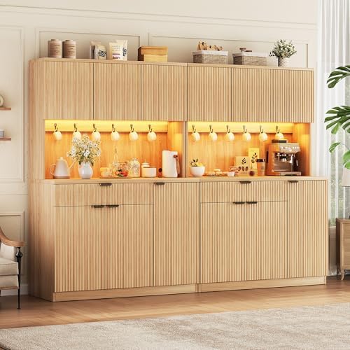 Jocoevol Fluted Kitchen Pantry Storage Cabinet with Charging Station & LED Lights,71" Tall Kitchen Hutch with Microwave Stand, Adjustable Shelves,Storage Doors (Natural, 41 * 71 * 15.7)