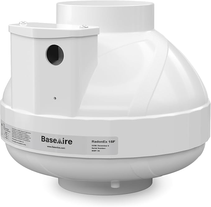 BaseAire 4 Inch 237 CFM Radon Mitigation Fan, Quiet Energy Efficient Radon System, RadonEx 15F Crawlspace or Slab Application, Waterproof Exhaust Fan for Indoor Outdoor Ventilation, 1500 Square Feet