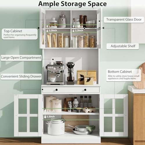IDEAHOUSE 72" Kitchen Pantry Cabinet with Glass Doors & Drawer, White
