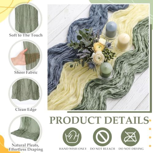 6 Pcs Dusty Blue Green Yellow Cheesecloth Table Runner