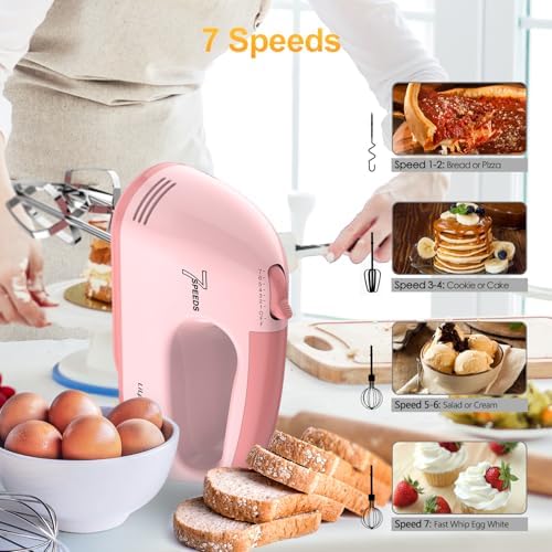 LILPARTNER Electric Hand Mixer with Storage Box, Ultra Power Kitchen Hand Mixer With 7-Speed & 5 Stainless Steel Accessories for Whipping Dough, Cream, Cake, Dishwasher Safe, LIGHT PINK BOX