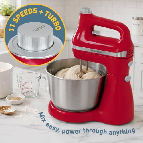 West Bend Two Sweet 2-in-1 Hand & Stand Mixer, 11 Speeds with Turbo Boost, 4.4 Qt Rotating Bowl, Dough Hooks, Beaters & Whisk, Tilt-Head Design, 550 Peak Watts, Red
