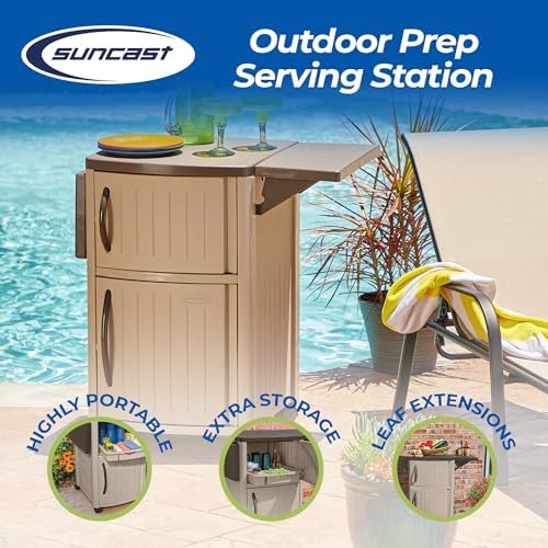 Suncast Outdoor Grilling Prep Station Table with Storage, Taupe/Brown