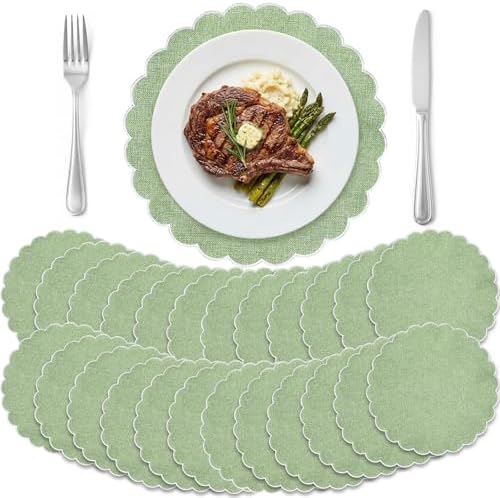 Set of 24 Sage Green Cotton Placemats 15" Round Scalloped White