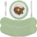Set of 24 Sage Green Cotton Placemats 15" Round Scalloped White