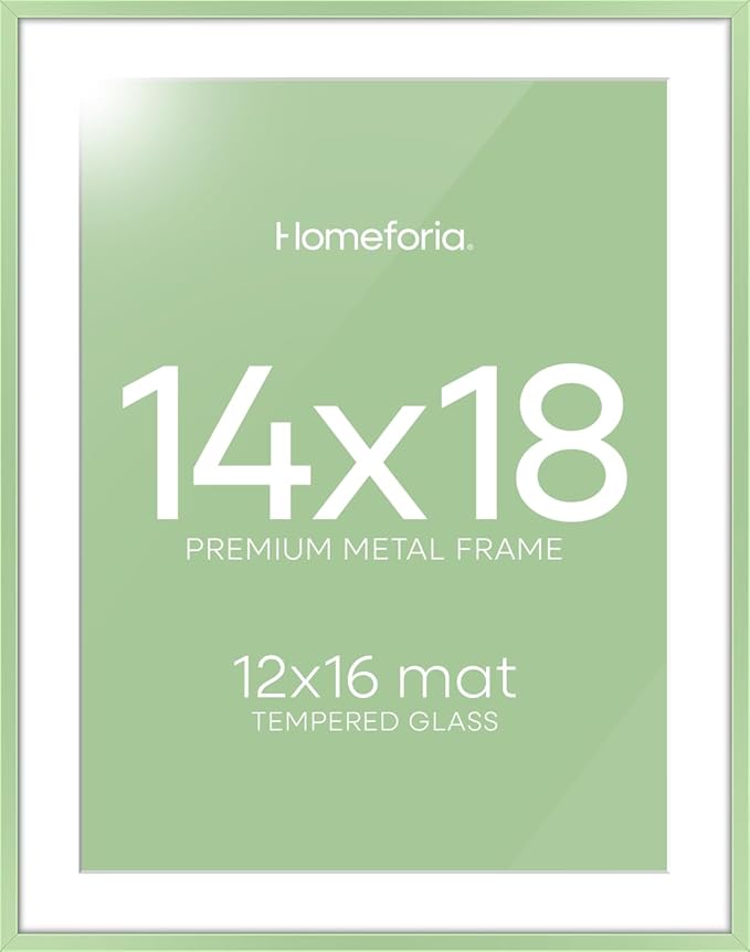 Homeforia 14x18 Picture Frame Sage Green, High End Metal 14x18 Poster Frames with Mat 12x16 Photo, 14 x 18 Sage Green Frame Matted to 12 by 16 Art, 18x14 Thin Frame, Tempered Glass, Wall Kit, Set of 1