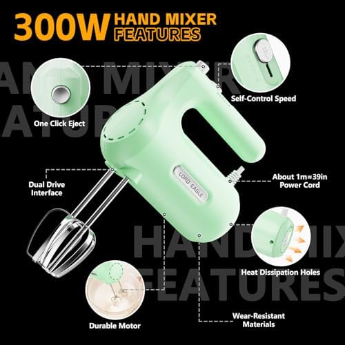 5-Speed Small Hand Mixer Electric, 300W Compact Portable, Green