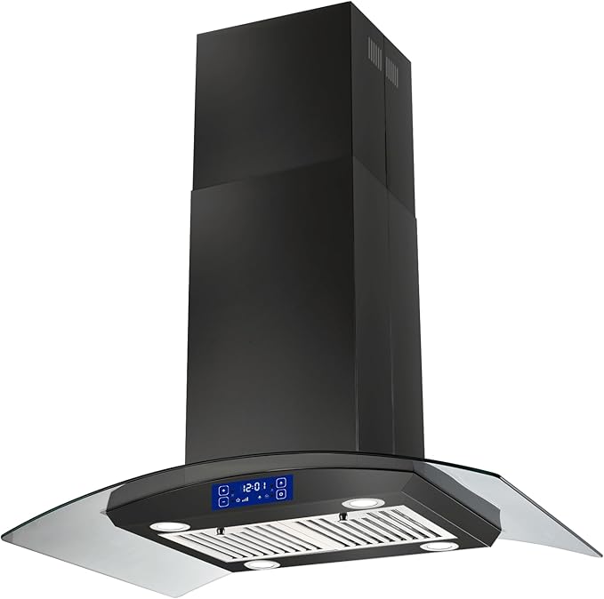 36 inch Island Range Hood 700CFM Black Painted Stainless Steel, Gesture & Touch Control Panel Ceiling Mount Kitchen Vent Hood Ducted/Ductless Convertible Extractor, Exhaust Fan 4 LED Lights