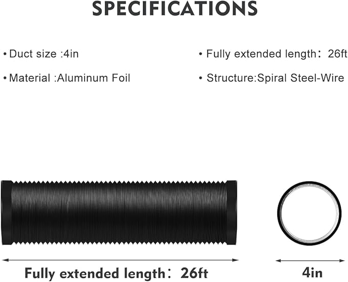 4-Inch Dryer Vent Hose 26FT, Flexible Aluminum Duct with 2 Clamps, Heavy-Duty Four Layer Protection for HVAC Ventilation and Exhaust Black