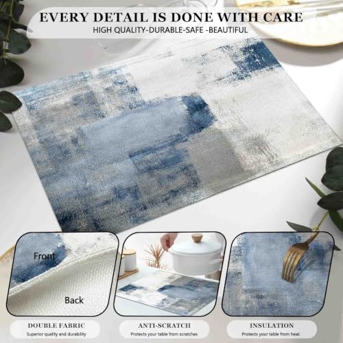 Mcalk Dusty Blue Table Runner and Placemats Set of 6 Pieces, Pink Flower Placemats Modern Art,Abstract Art Cloth Place Mats Indoor for Kitchen,Washable Placemats Linen Material for Dining Table