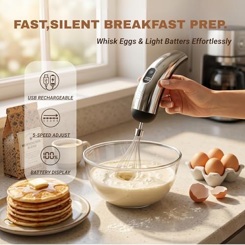 Mini Cordless Hand Mixer, 5-Speed Electric Whisk with Digital Display, USB-C Rechargeable & Silent, Portable for Drinks, Breakfast & Baking(Black)