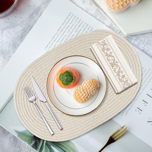 Oval Woven Placemats Set of 8 Heat Resistant Placemats 17.5 x 12 Inches Farmhouse Cotton Rope Place Mats for Dining Tables Trivets for Hot Dishes, Beige