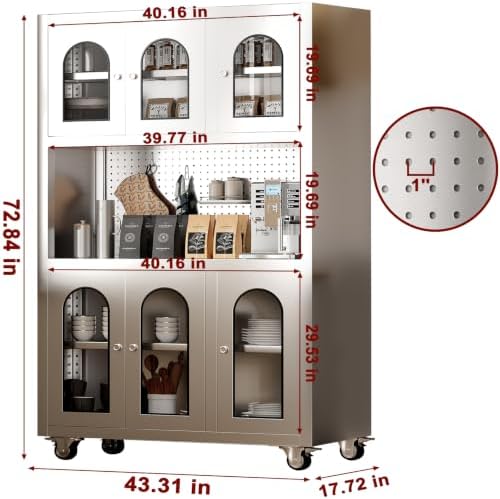 Stainless Steel Kitchen Pantry Cabinet with Pegboard and Adjustable Shelves