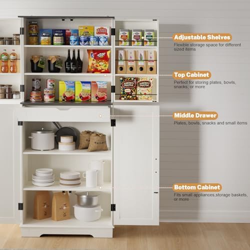 Sunny Heart 72" H Kitchen Pantry Cabinet, Farmhouse Pantry Storage Cabinet with 4 Doors, Adjustable Shelves, Drawer, Kitchen Organizers and Storage for Dining Room, Bathroom, Cream
