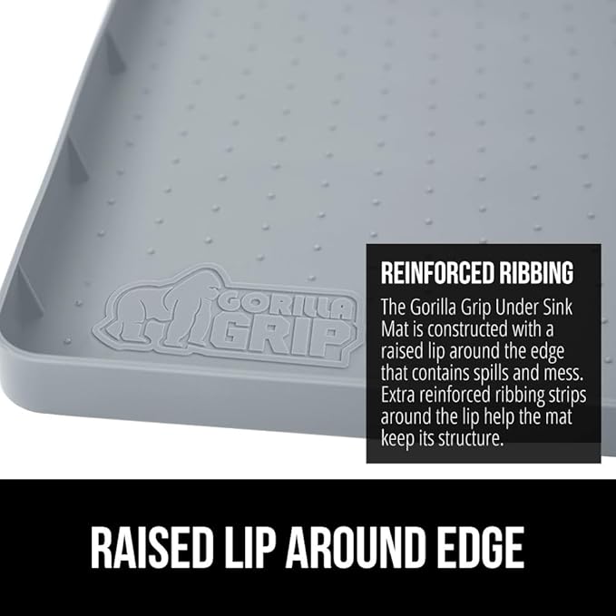 GORILLA GRIP Waterproof Silicone Under Sink Mat with Raised Lip for Kitchen and Bathroom, 46 x 22 in, Cabinet Shelf Liner Stay in Place Mats Dishwasher Safe Drawer Liner, Organizer Tray, Light Grey