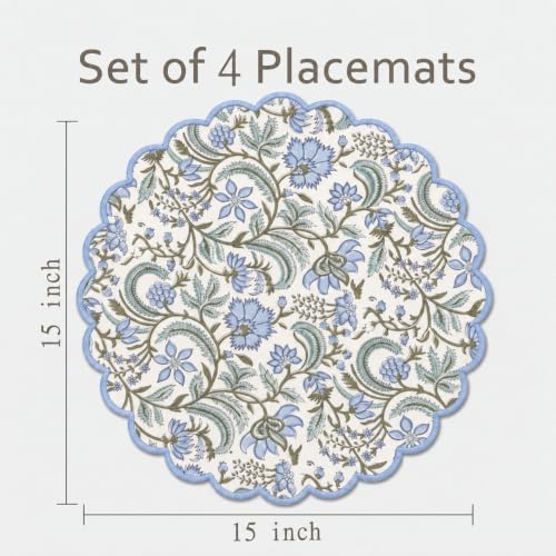 Ridhi Floral Block Print Round Placemats 15 Inch, Set of 4, Columbia Blue