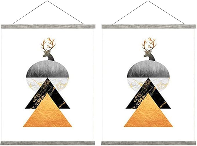 2 Pack Magnetic Poster Hanger Frame, 8x10 8x12 8x24 Light Wood Wooden Magnet Canvas Artwork Print Dowel Poster Hangers Frames Hanging Kit (Grey, 8", 2 Packs)