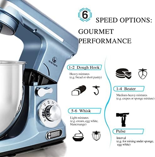 Professional Stand Mixer, 6-Qt with Timer, MK37 500W 6-Speed Tilt-Head Food Electric Mixer Kitchen Machine,Plastic (Silver Blue)