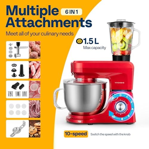 VIVOHOME 6-in-1 Stand Mixer, 8.5-Quart Tilt-Head Mixer, 10 Speeds, Red