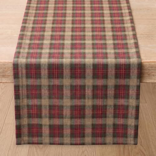 Solino Home 100% Pure Linen Table Runner Brown, Hunter's Plaid 14 x 108 in