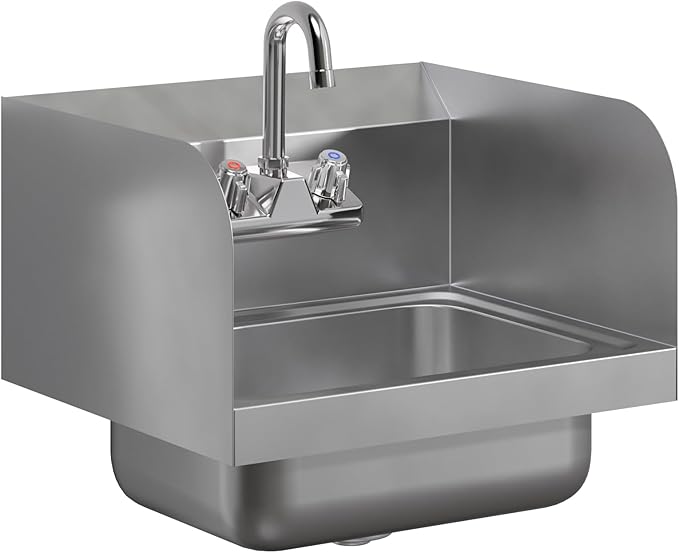 AmGood Stainless Steel Wall Mount Hand Sink | NSF | Commercial Hand Washing Basin For Restaurant, Kitchen and Home (17" x 15" with Sidesplash)