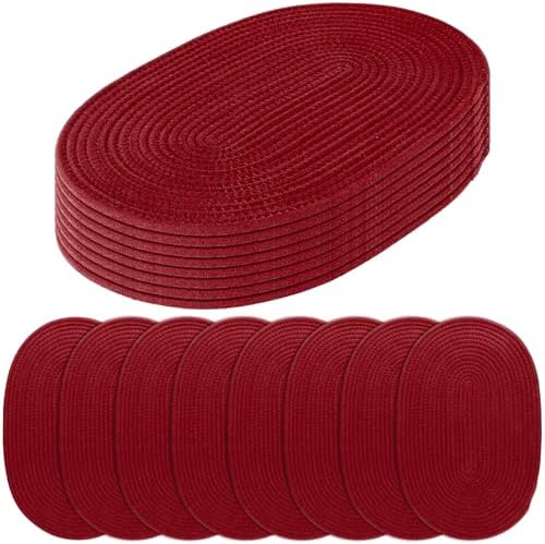 Oval Woven Placemats Set of 8 Heat Resistant Placemats 17 x 12 Inches Farmhouse Cotton Rope Place Mats for Dining Tables Trivets for Hot Dishes, Burgundy