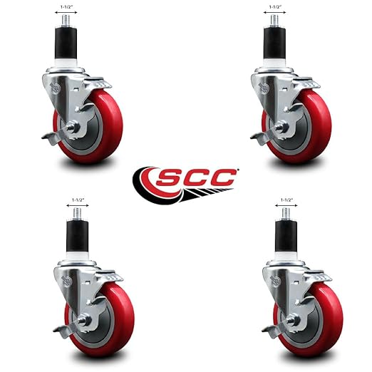 Service Caster Brand Replacement Set for Uline Casters - Swivel 1-1/2 Inch Expanding Stem Casters with 4 Inch Red Polyurethane Wheel-Includes 4 Swivel Casters and Brakes - Fits Uline Worktable H-5746