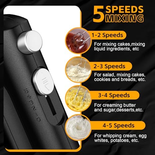 5-Speed Small Hand Mixer Electric, 300W Compact Portable, Black