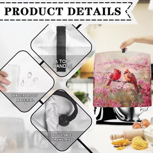 Generic Pink Cardinal Bird with Flower Stand Mixer Cover, Dust Covers Protector, 4.5-8 Quart, Fit Tilt Head & Bowl Lift Models, Waterproof, Polyester, Drawstring Closure