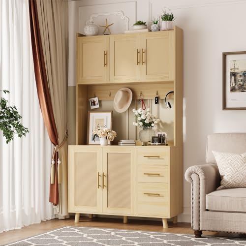 Tall Rattan Kitchen Pantry Storage Cabinet,Freestanding Coffee Bar Hutch